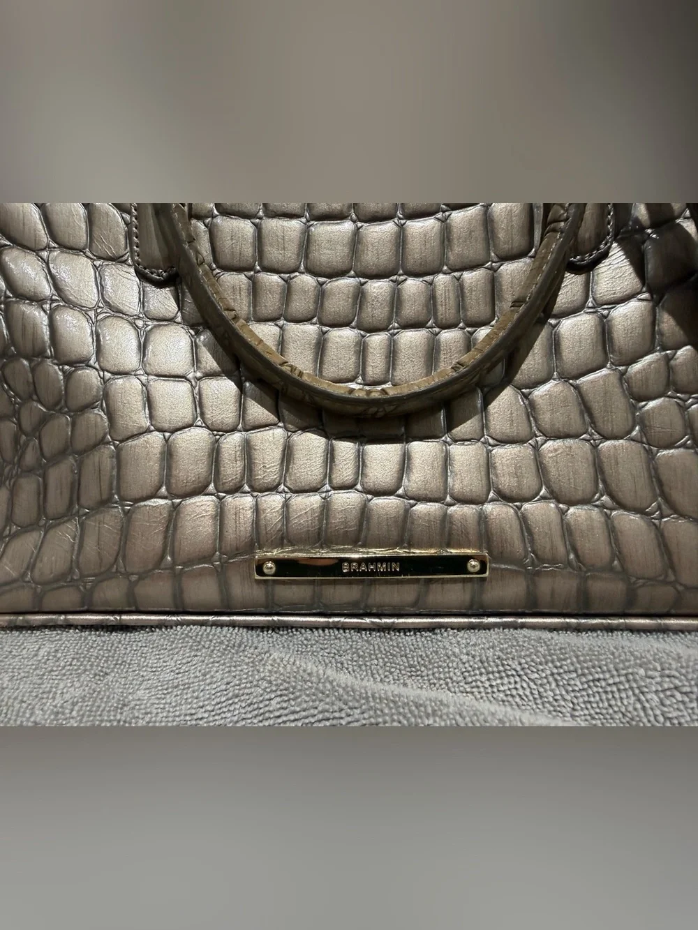 BRAHMIM | Metallic Taupe Croc-Embossed Satchel